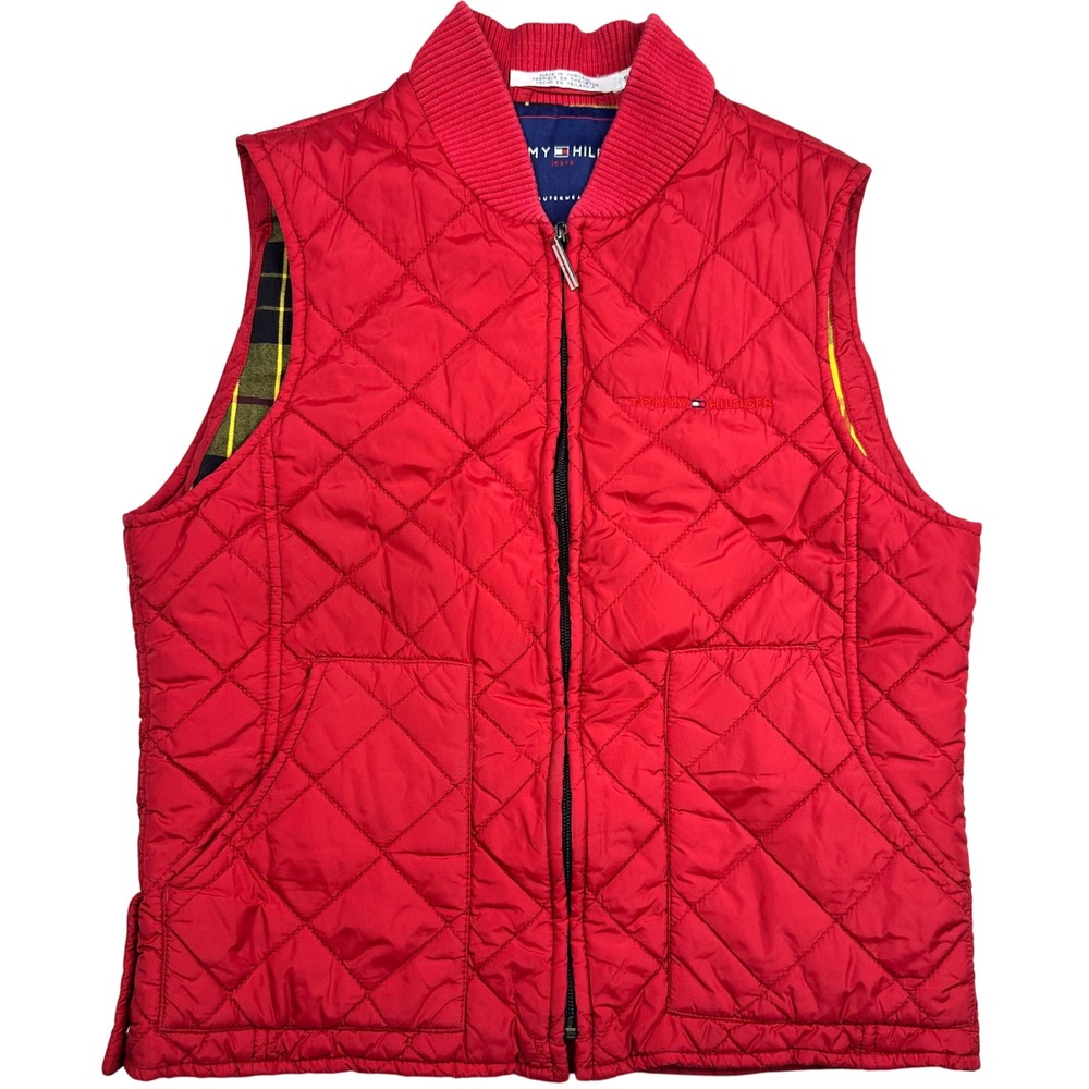 VTG Tommy Hilfiger Red‎ Quilted Vest Yellow Plaid Lined Pockets *see pics*
